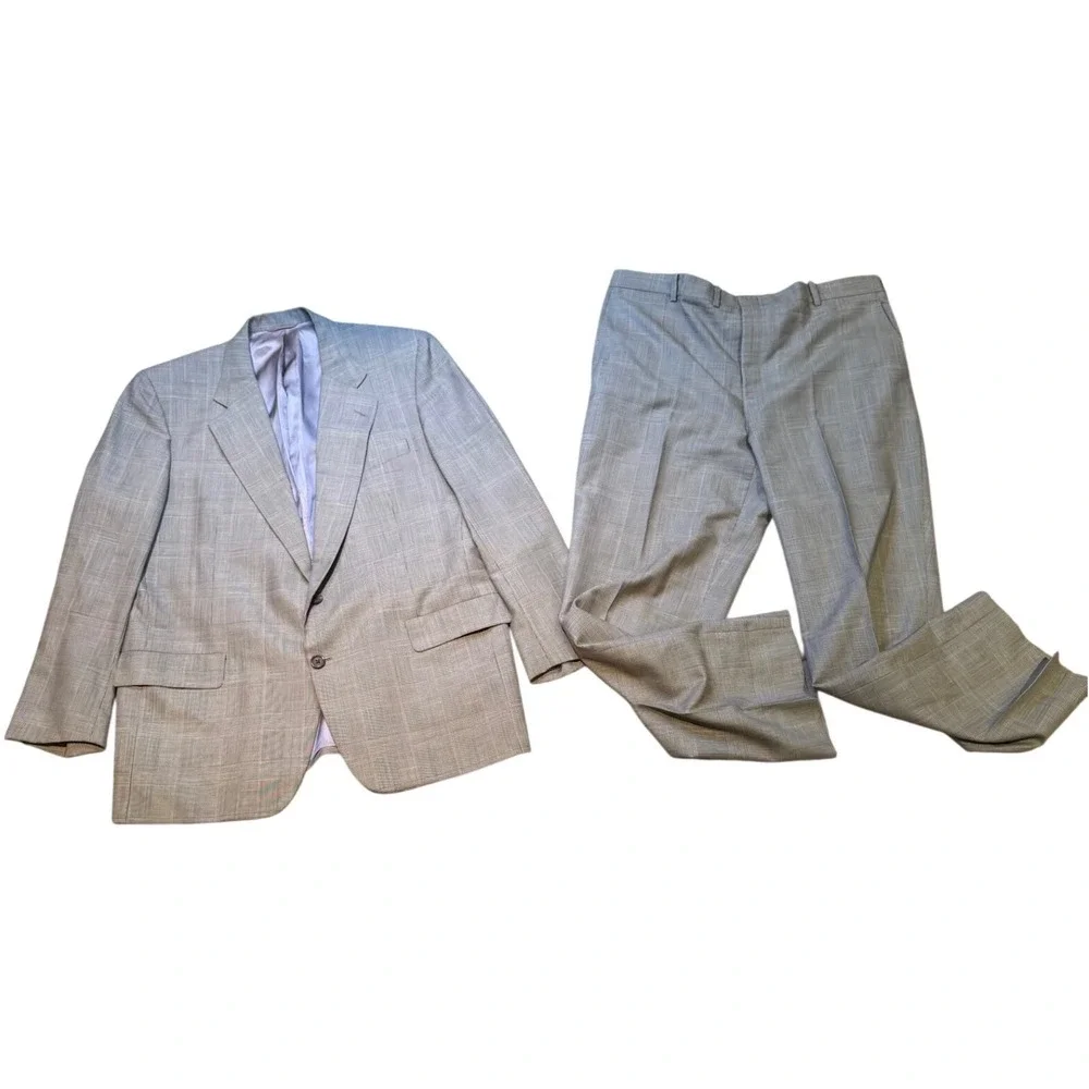 Hickey Freeman Barneys New York Wool‎ Silk Suit 2 Pc Gray Glen Plaid 44R Custom